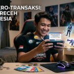 Ilustrasi digital yang menampilkan gamers seluler melakukan tren mikro-transaksi melalui dompet digital untuk membeli item in-game dengan deposit receh.