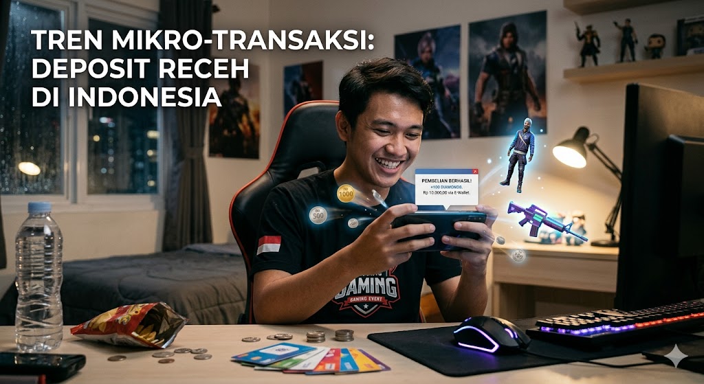 Ilustrasi digital yang menampilkan gamers seluler melakukan tren mikro-transaksi melalui dompet digital untuk membeli item in-game dengan deposit receh.