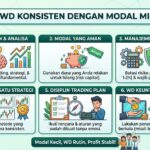 Sebuah infografis pendidikan berjudul "CARA WD KONSISTEN DENGAN MODAL MINIMAL" dalam Bahasa Indonesia, menggunakan gaya ilustrasi datar yang bersih dengan warna hijau, biru, dan kuning. Gambar ini menunjukkan enam kotak langkah bernomor untuk mencapai penarikan dana (WD) rutin dengan modal kecil. Langkah-langkahnya meliputi: 1. Pendidikan & Analisa, 2. Modal yang Aman, 3. Manajemen Risiko Ketat (menampilkan tameng 'Stop Loss'), 4. Fokus Pada Satu Strategi, 5. Disiplin Trading Plan, dan 6. WD Keuntungan Rutin (menampilkan tangan mengambil koin dari layar). Setiap kotak memiliki ikon ilustrasi dan teks penjelasan. Slogan di bagian bawah berbunyi: "Modal Kecil, WD Rutin, Profit Stabil!". Ada juga grafik naik dan tanaman koin tumbuh di sekelilingnya.