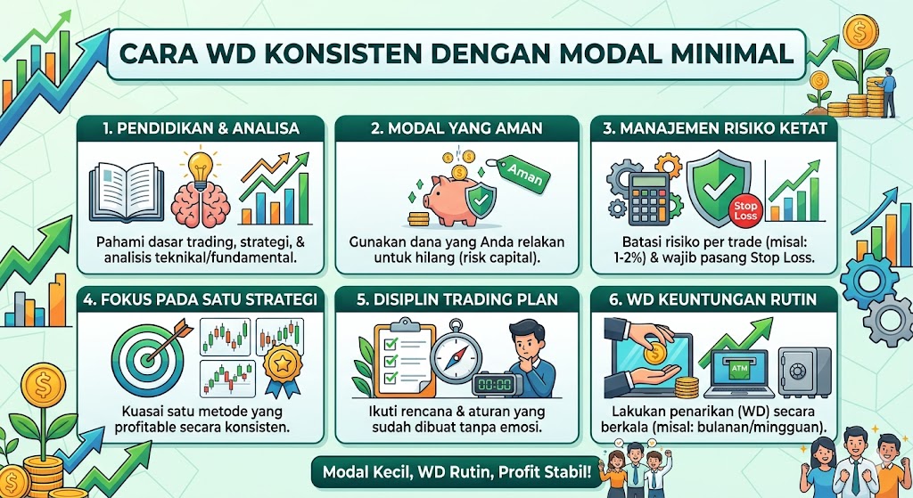 Sebuah infografis pendidikan berjudul "CARA WD KONSISTEN DENGAN MODAL MINIMAL" dalam Bahasa Indonesia, menggunakan gaya ilustrasi datar yang bersih dengan warna hijau, biru, dan kuning. Gambar ini menunjukkan enam kotak langkah bernomor untuk mencapai penarikan dana (WD) rutin dengan modal kecil. Langkah-langkahnya meliputi: 1. Pendidikan & Analisa, 2. Modal yang Aman, 3. Manajemen Risiko Ketat (menampilkan tameng 'Stop Loss'), 4. Fokus Pada Satu Strategi, 5. Disiplin Trading Plan, dan 6. WD Keuntungan Rutin (menampilkan tangan mengambil koin dari layar). Setiap kotak memiliki ikon ilustrasi dan teks penjelasan. Slogan di bagian bawah berbunyi: "Modal Kecil, WD Rutin, Profit Stabil!". Ada juga grafik naik dan tanaman koin tumbuh di sekelilingnya.