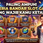 Gaya ilustrasi 3D modern yang menampilkan seorang pria bahagia berkaos oranye memegang smartphone dengan tulisan "WIN!". Di sampingnya terdapat mesin slot dan enam panel informasi kriteria bandar slot gacor: Lisensi Resmi, Winrate Tinggi, Provider Terbaik, Bonus & Promo Menarik, Layanan CS 24 Jam, dan Proses Transaksi Cepat. Latar belakangnya adalah lingkungan kasino futuristik yang dinamis dengan dominasi warna biru, oranye, dan ungu.