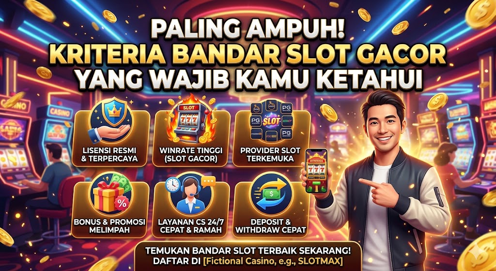 Gaya ilustrasi 3D modern yang menampilkan seorang pria bahagia berkaos oranye memegang smartphone dengan tulisan "WIN!". Di sampingnya terdapat mesin slot dan enam panel informasi kriteria bandar slot gacor: Lisensi Resmi, Winrate Tinggi, Provider Terbaik, Bonus & Promo Menarik, Layanan CS 24 Jam, dan Proses Transaksi Cepat. Latar belakangnya adalah lingkungan kasino futuristik yang dinamis dengan dominasi warna biru, oranye, dan ungu.