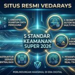 Infografis futuristik untuk "Situs Resmi Vedarays" yang menampilkan judul besar "5 Standar Keamanan Super 2026". Di bawahnya terdapat lima panel bernomor dengan ikon dan teks: 1. Enkripsi Kuantum Data Pengguna, 2. Biometrik Autentikasi Multi-Faktor, 3. Perlindungan Siber Berbasis AI, 4. Infrastruktur Server Terdesentralisasi, 5. Pemantauan Keamanan Real-Time 24/7. Bagian bawahnya memiliki teks kecil "Perlindungan Maksimal di Era Digital". Latar belakangnya berupa kota teknologi digital yang bercahaya.