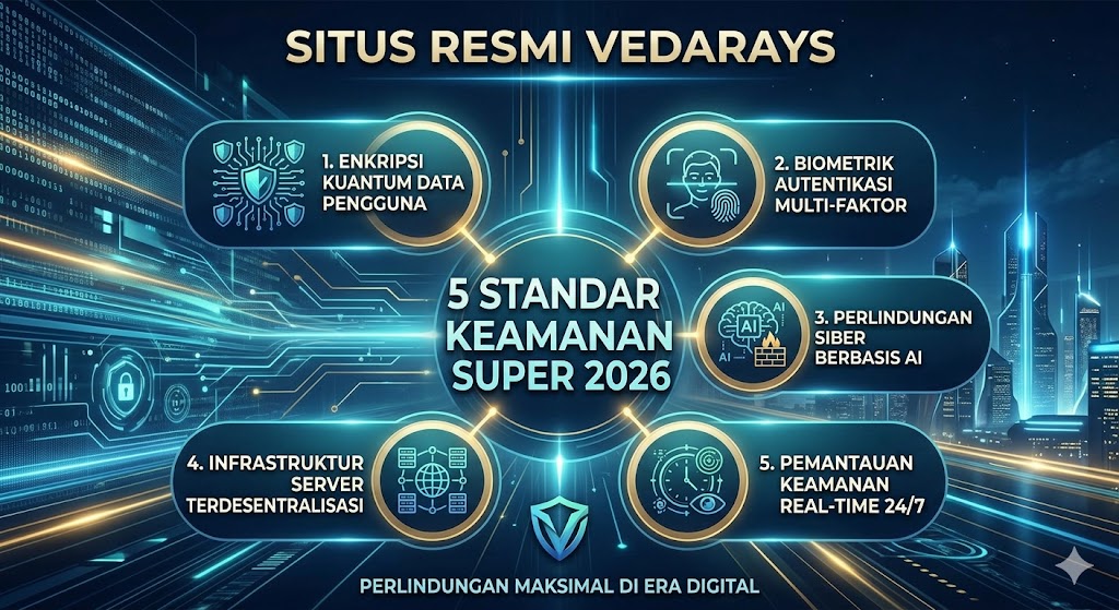 Infografis futuristik untuk "Situs Resmi Vedarays" yang menampilkan judul besar "5 Standar Keamanan Super 2026". Di bawahnya terdapat lima panel bernomor dengan ikon dan teks: 1. Enkripsi Kuantum Data Pengguna, 2. Biometrik Autentikasi Multi-Faktor, 3. Perlindungan Siber Berbasis AI, 4. Infrastruktur Server Terdesentralisasi, 5. Pemantauan Keamanan Real-Time 24/7. Bagian bawahnya memiliki teks kecil "Perlindungan Maksimal di Era Digital". Latar belakangnya berupa kota teknologi digital yang bercahaya.